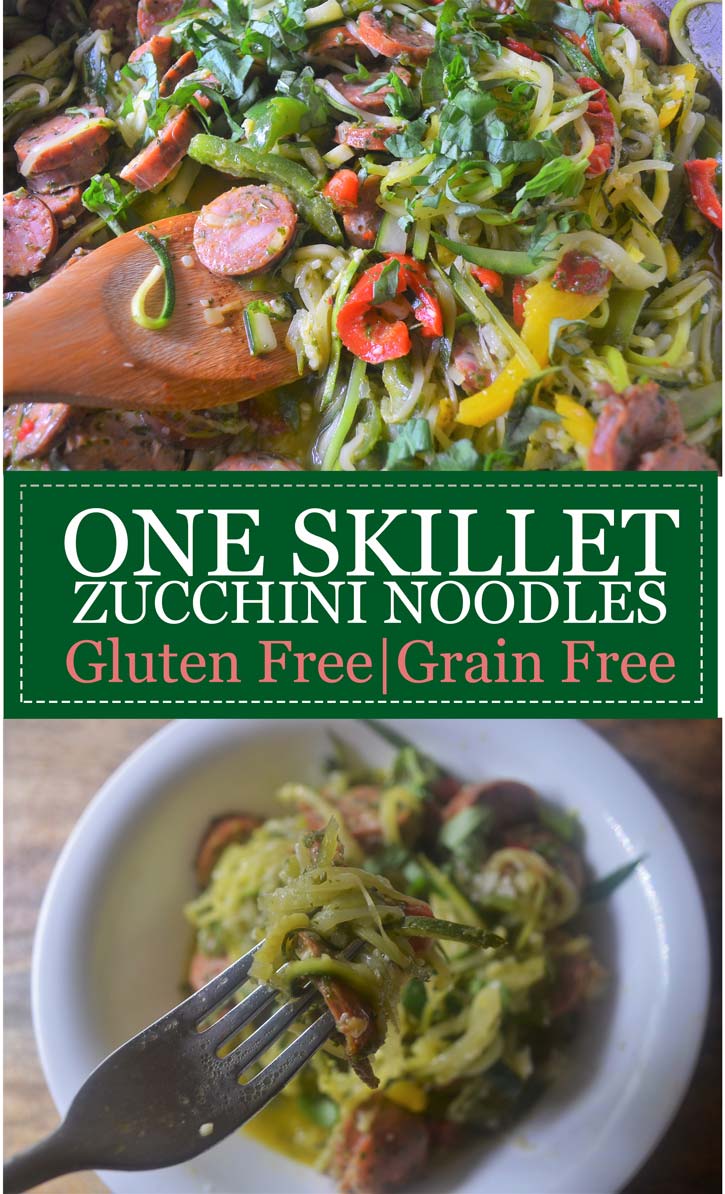 Pesto Zucchini Noodles with Italian Sausage (LowCarb, GlutenFree